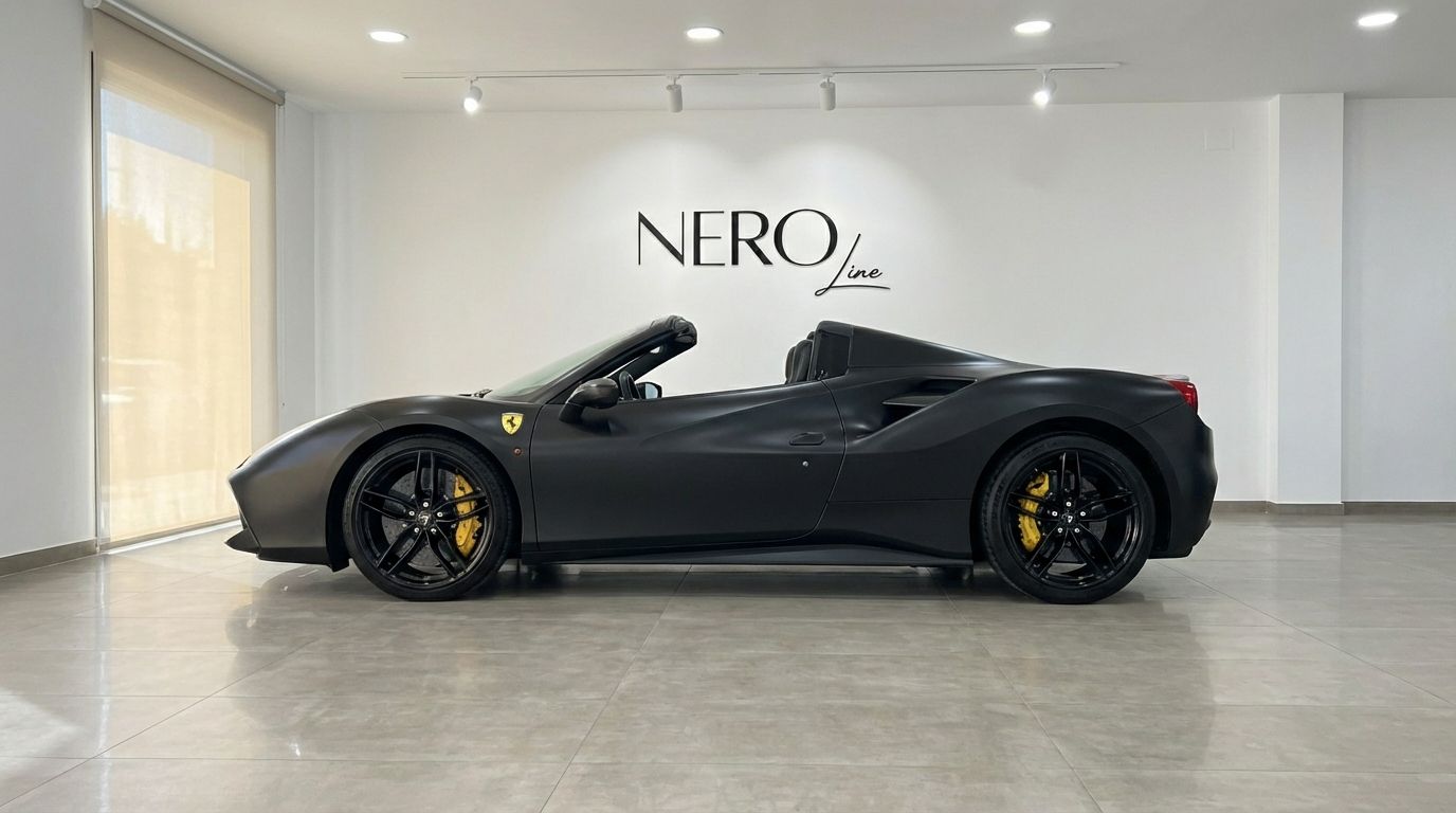 A matte black Ferrari 488 Spider convertible with its top down, showcasing its sleek side profile and yellow brake calipers in a Valencia showroom.