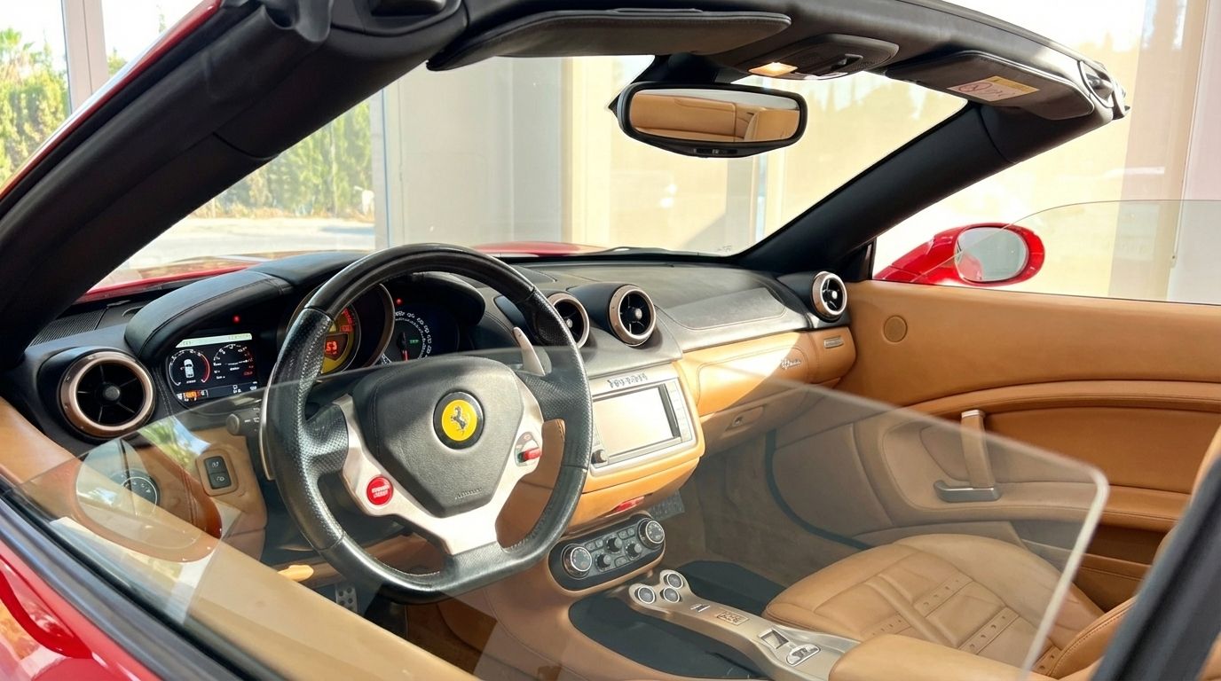 The luxurious tan leather interior of the Ferrari California, featuring the steering wheel and dashboard, available in Alicante.