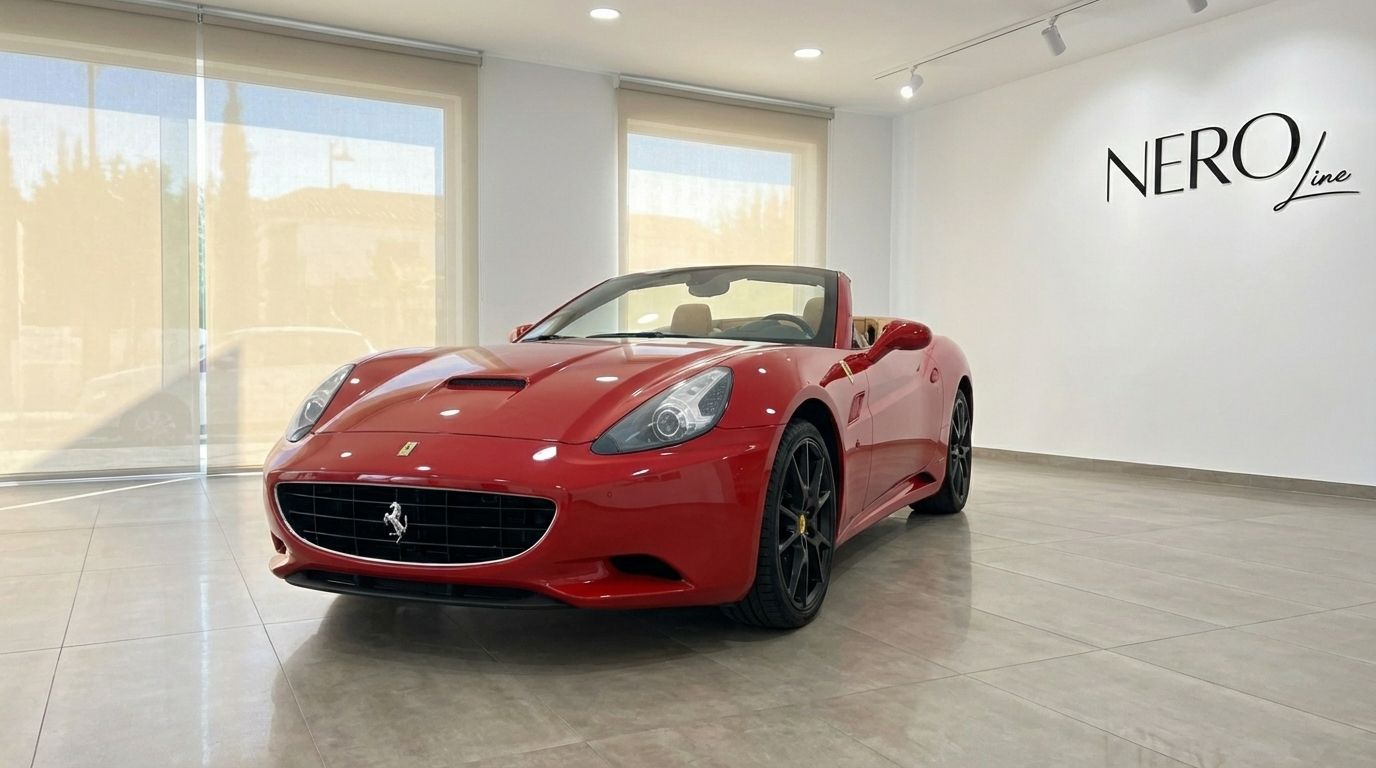 The red Ferrari California convertible, with its top down, is showcased in a showroom in Alicante.