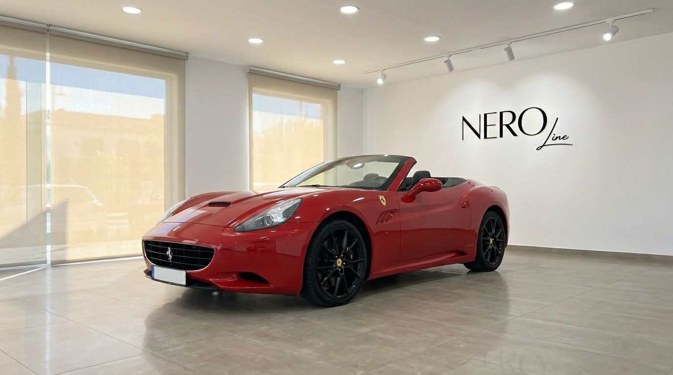 The red Ferrari California convertible is displayed in a showroom with the top down, showcasing its elegant design in Alicante.