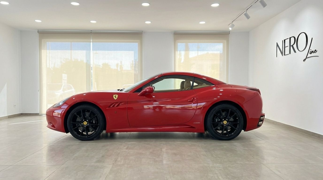 The red Ferrari California convertible is parked in a showroom, showcasing its elegant side profile in Alicante.