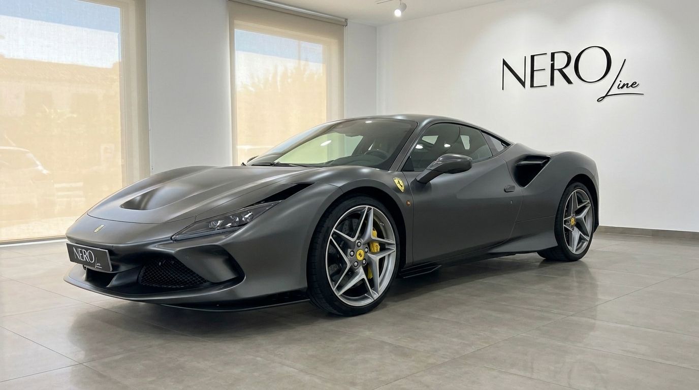 Der mattgraue Ferrari F8 Coupe wird in einer Dreiviertel-Frontansicht in einem Showroom auf Ibiza präsentiert, der sein schlankes Design hervorhebt.