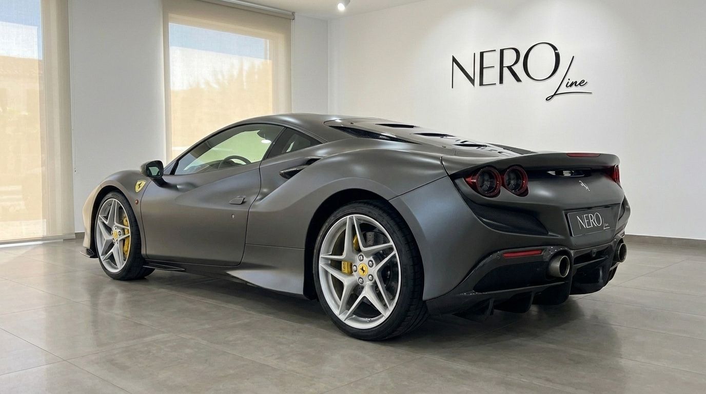 Der matte graue Ferrari F8 Coupe wird aus der hinteren Dreiviertelansicht präsentiert, sein elegantes Design auf Ibiza betonend.