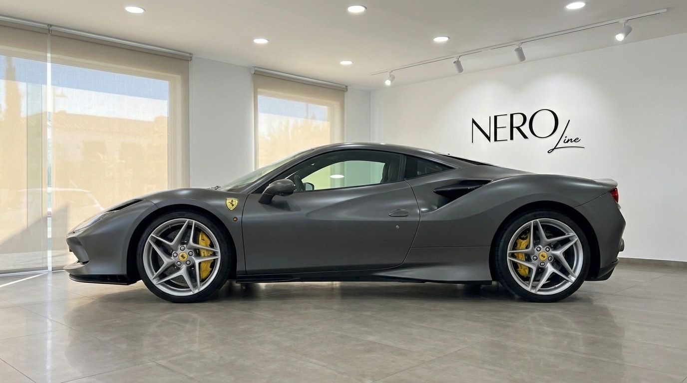Der mattgraue Ferrari F8 Coupe steht drinnen und zeigt sein schlankes Seitenprofil sowie gelbe Bremssättel auf Ibiza.