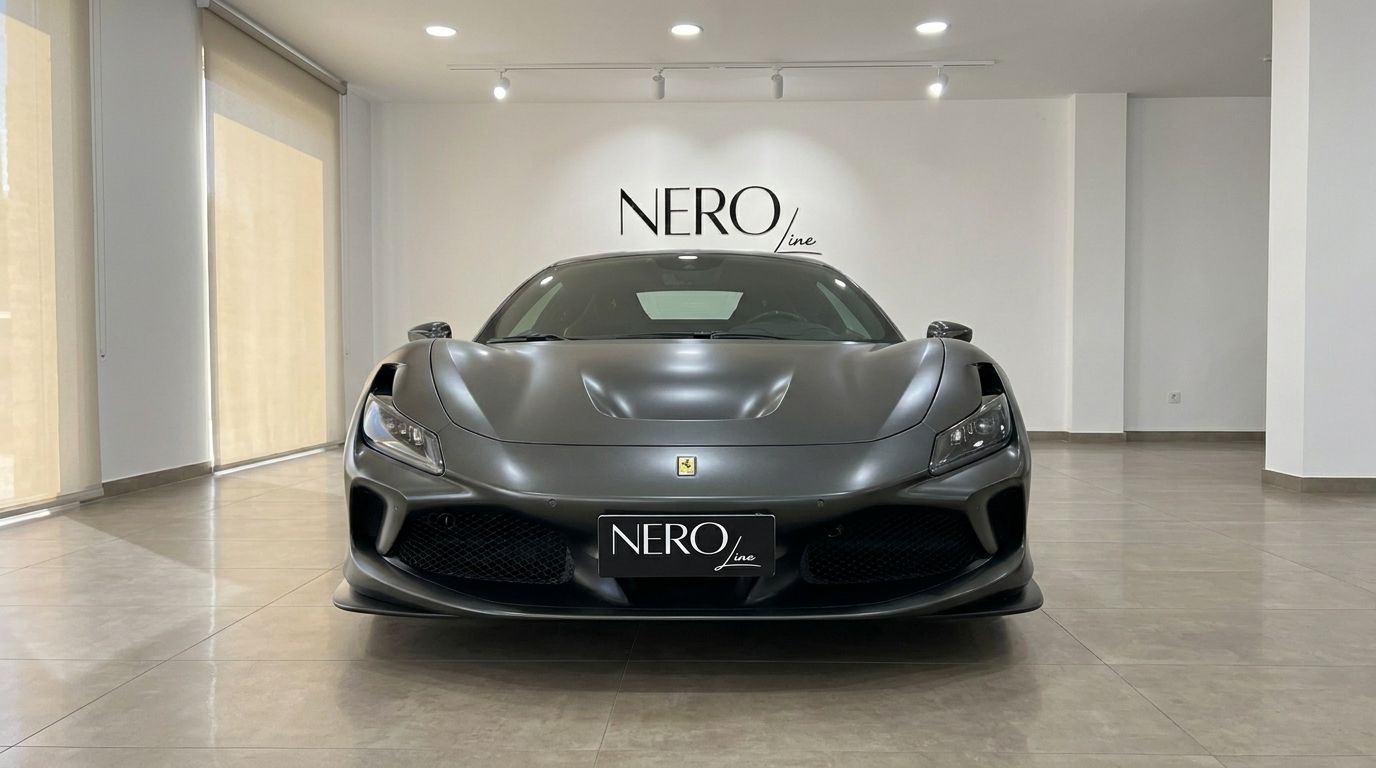 El Ferrari F8 Coupe gris mate se exhibe prominentemente de frente en un concesionario interior en Ibiza.