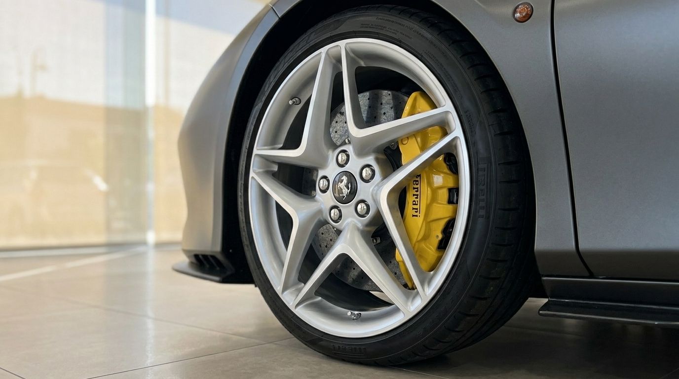 La rueda delantera del Ferrari F8 Coupe, mostrando su llanta plateada de radios múltiples y la vibrante pinza de freno amarilla, disponible en Ibiza.