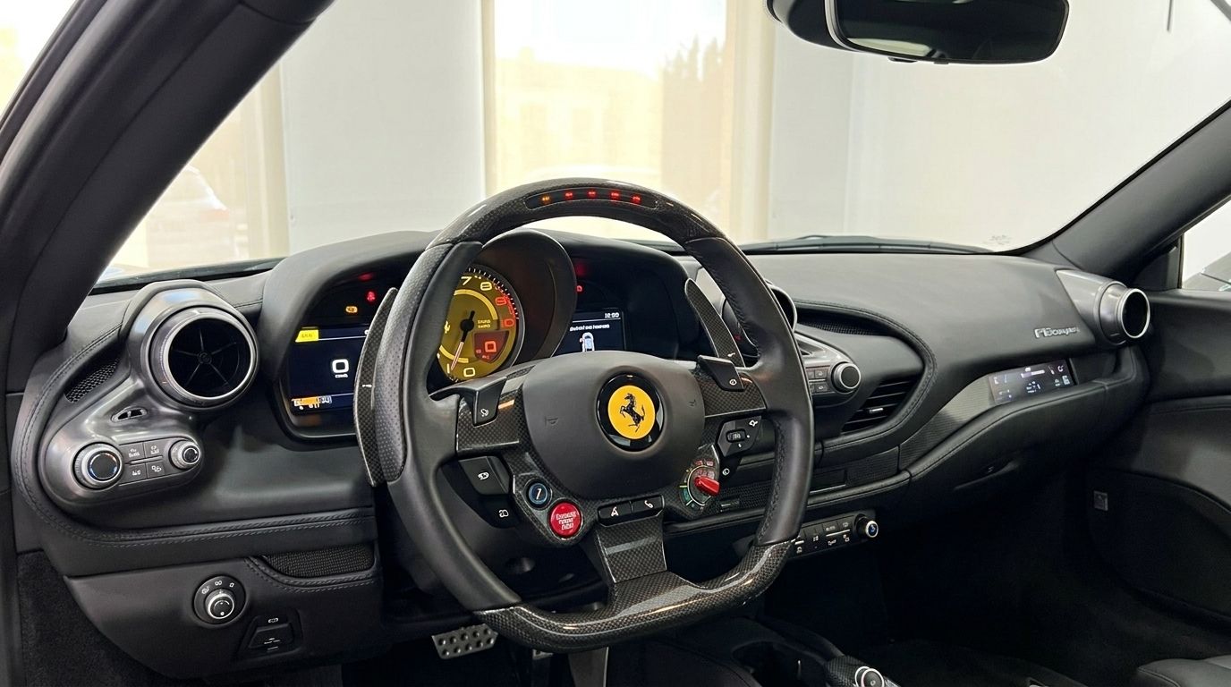 El lujoso habitáculo del Ferrari F8 Coupe en Ibiza, con el volante de fibra de carbono y el salpicadero digital.