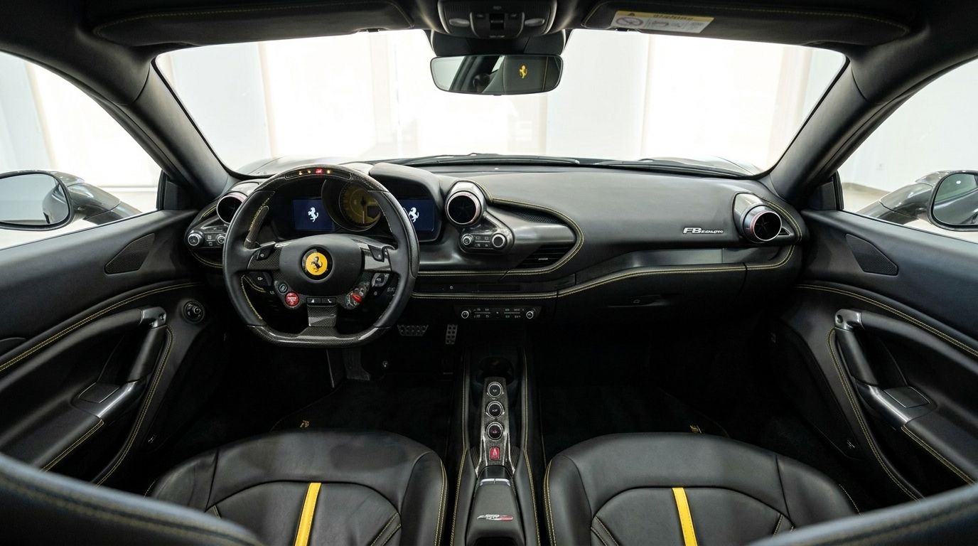 El lujoso interior del Ferrari F8 Coupe en Ibiza, mostrando el volante, el salpicadero y los asientos de cuero negro con detalles amarillos.