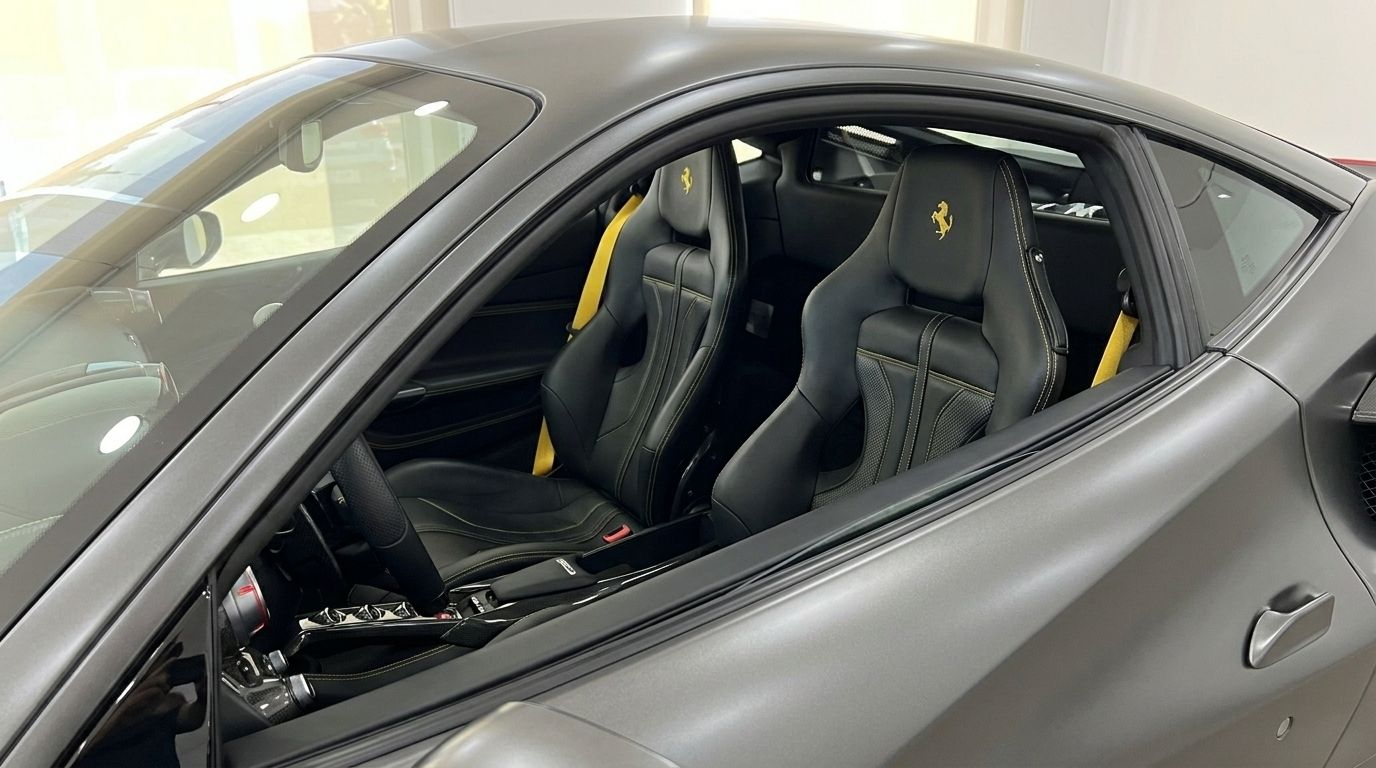 Los lujosos asientos deportivos de cuero negro con costuras y cinturones amarillos dentro del Ferrari F8 Coupe en Ibiza.