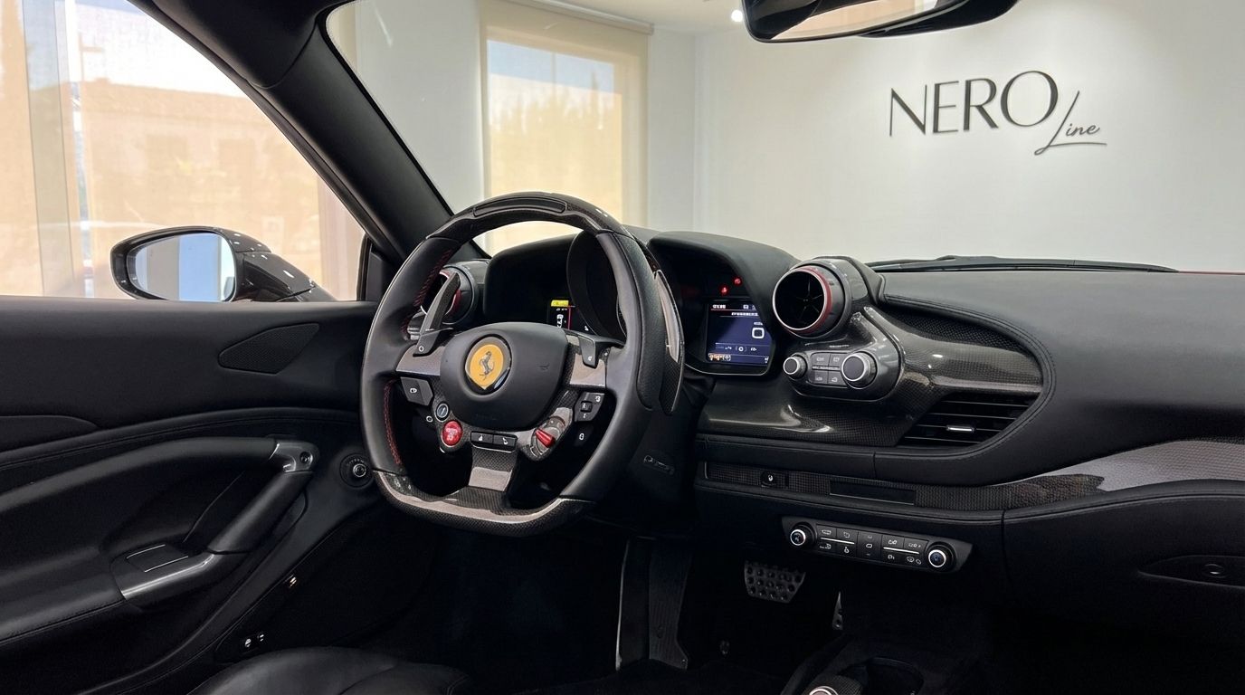 Das luxuriöse Cockpit des Ferrari F8 Spider aus schwarzem Leder und Carbon, mit Lenkrad und Armaturenbrett, verfügbar in Madrid.