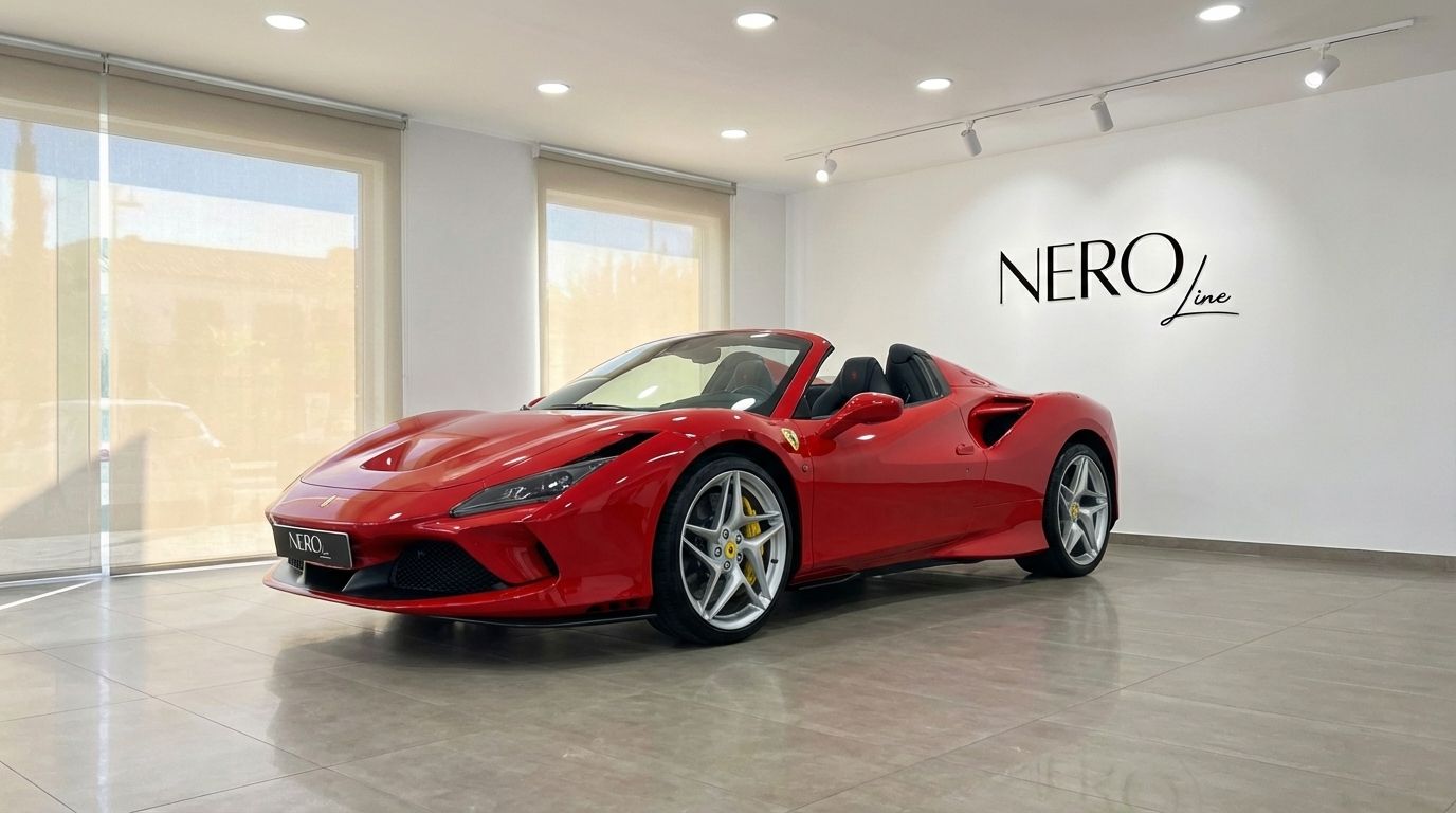 Der rote Ferrari F8 Spider, mit geöffnetem Verdeck, wird in einem Showroom in Madrid präsentiert und zeigt sein elegantes Design.