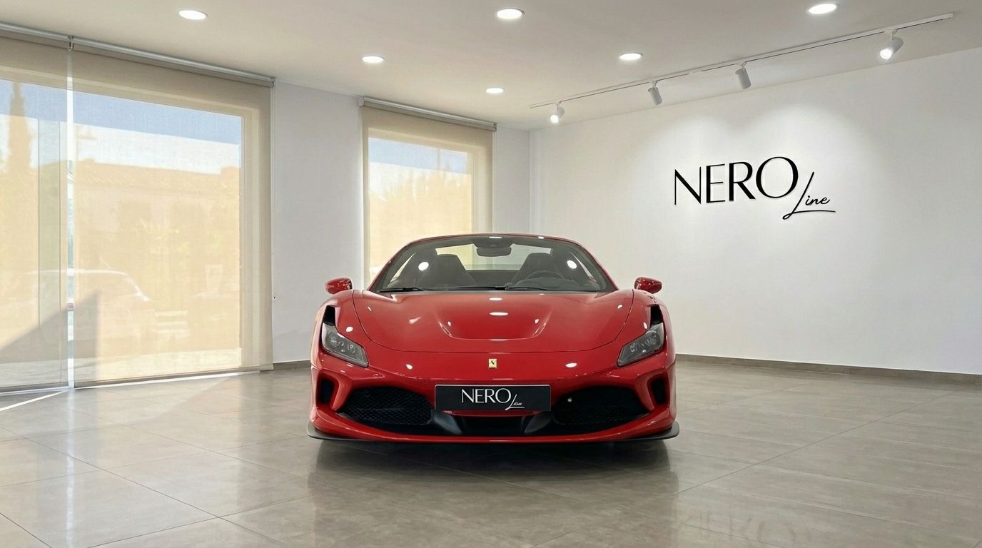 Der rote 2023 Ferrari F8 Spider wird in einer hellen Ausstellungshalle in Madrid von vorne gezeigt.