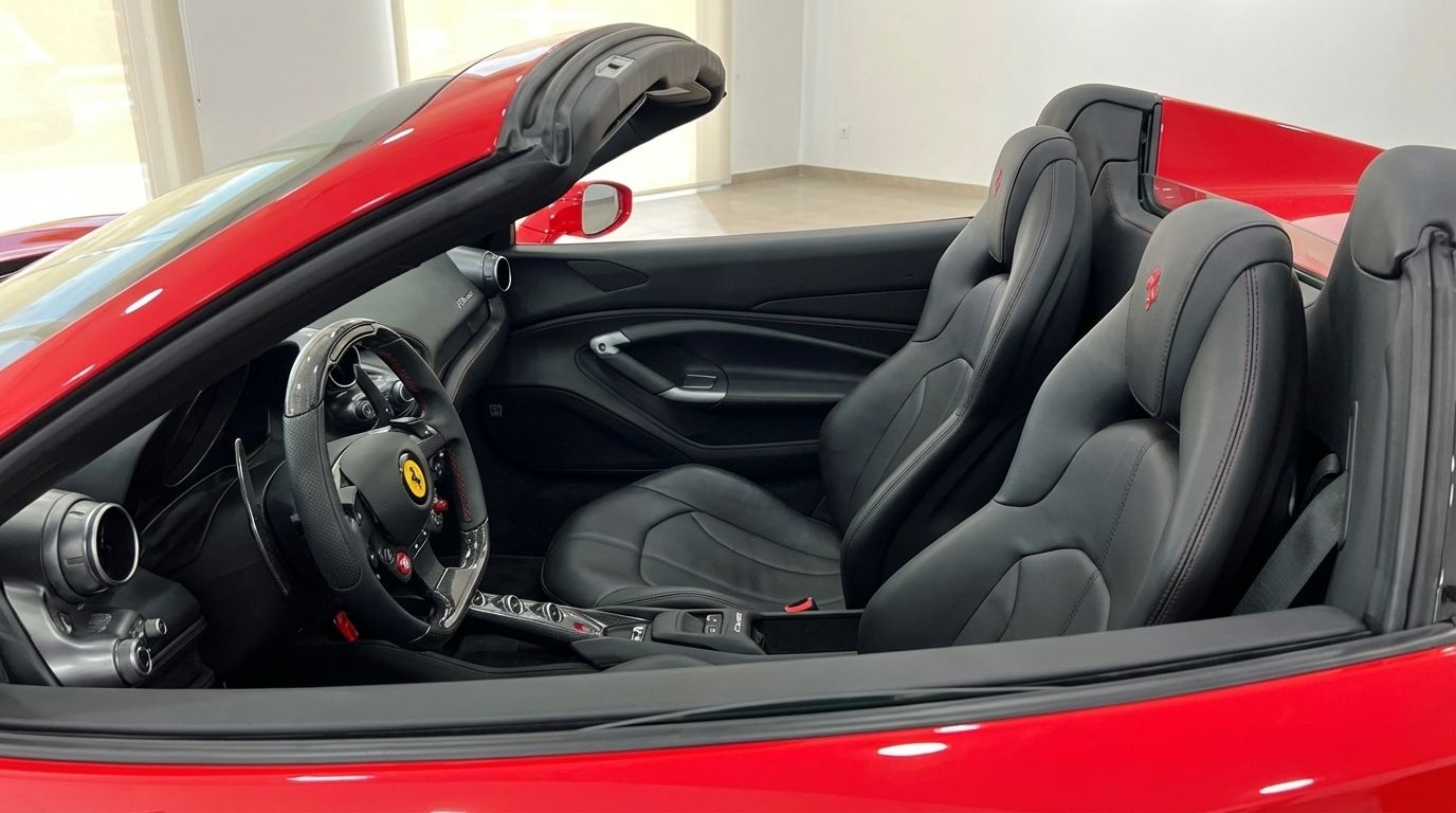 Das luxuriöse schwarze Lederinterieur des roten Ferrari F8 Spider, mit Lenkrad und Beifahrersitzen, in Madrid.