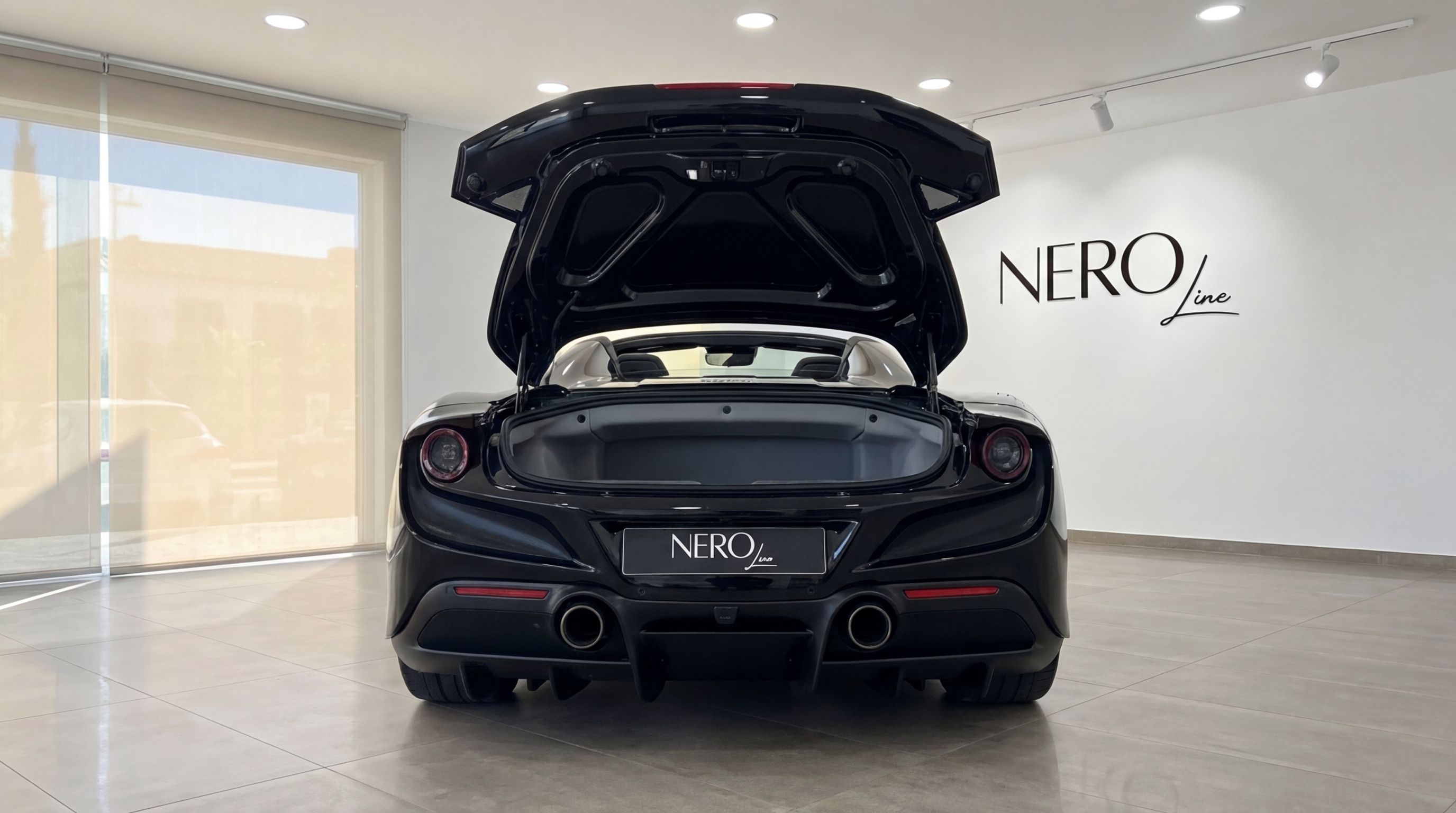 The black 2023 Ferrari F8 Spider is shown from the rear with its engine cover open, revealing the storage compartment in an Ibiza showroom.