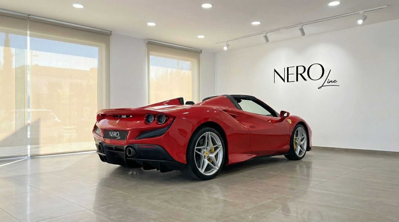 Der rote 2023 Ferrari F8 Spider, mit offenem Verdeck, wird in einer Madrider Ausstellungshalle von hinten schräg gezeigt.