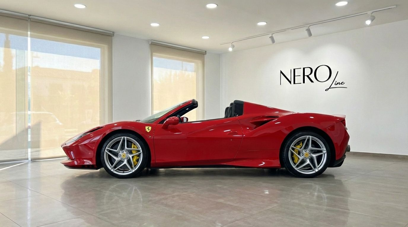 Ein leuchtend roter Ferrari F8 Spider Cabrio steht seitlich in einem Ausstellungsraum mit dem NeroLine-Logo an der Wand in Madrid.
