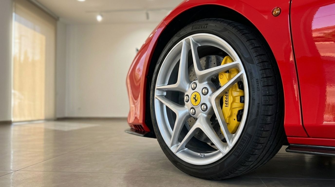 Nahaufnahme des Vorderrads des Ferrari F8 Spider, mit der silbernen Mehrspeichenfelge und dem leuchtend gelben Bremssattel in Madrid.