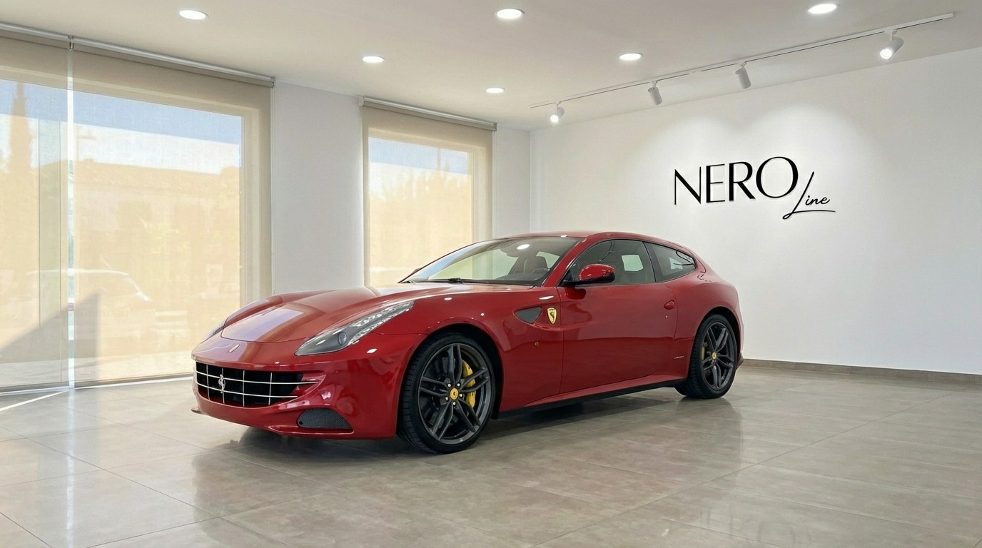 Ferrari FF — Front three-quarter view in showroom The racing red 2016 Ferrari FF is prominently displayed in a modern showroom in Valencia, showcasing its sleek front three-quarter view.