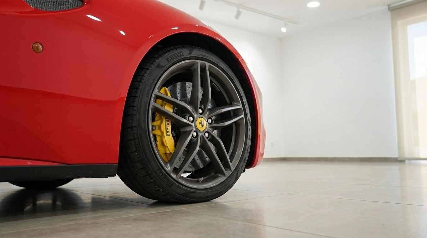 Close-up of the Ferrari FF's racing red front fender and dark gray wheel with distinctive yellow brake calipers in Valencia.