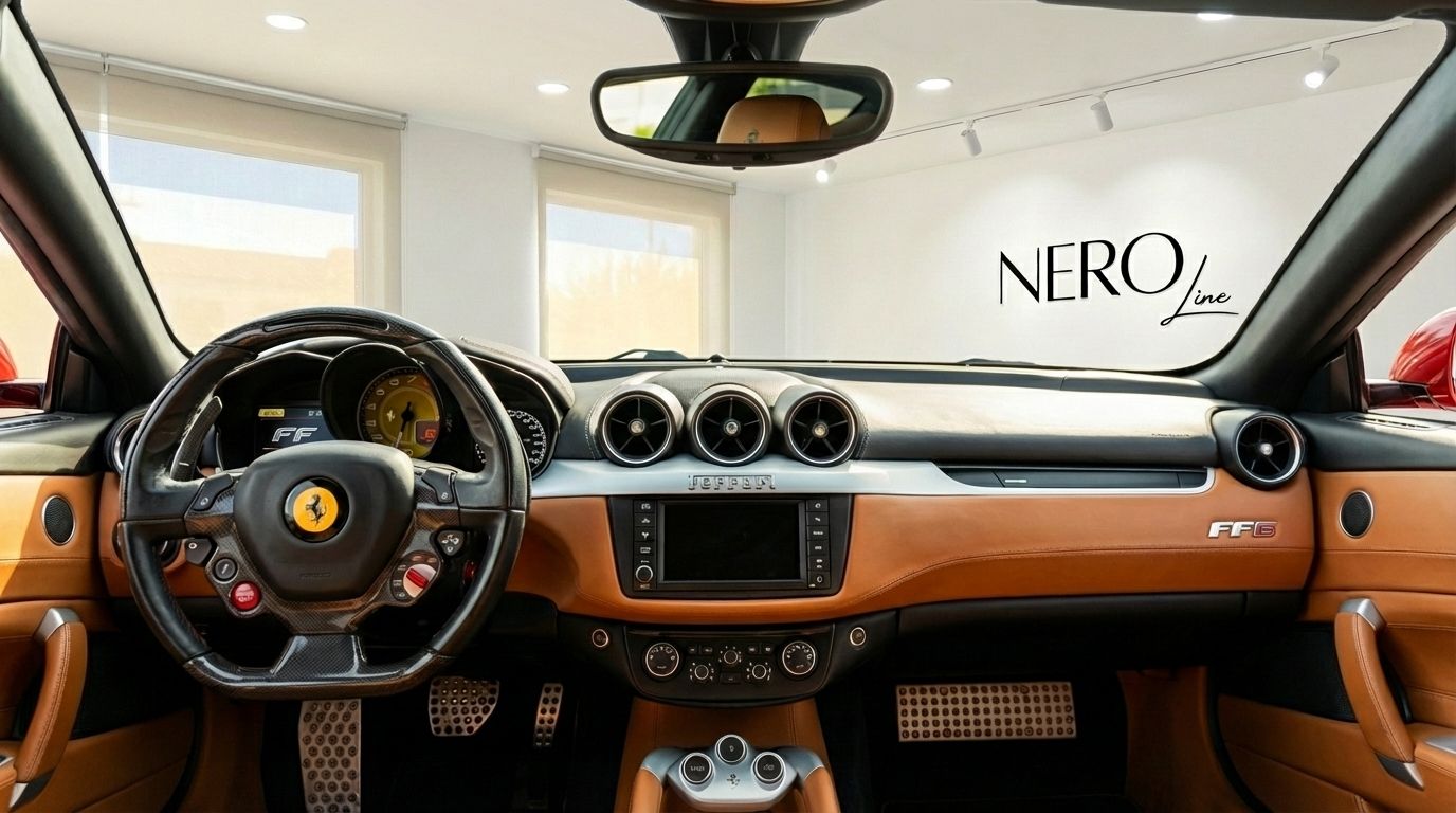 The luxurious tan leather interior of the Ferrari FF, showcasing the detailed dashboard, steering wheel, and controls, in Valencia.