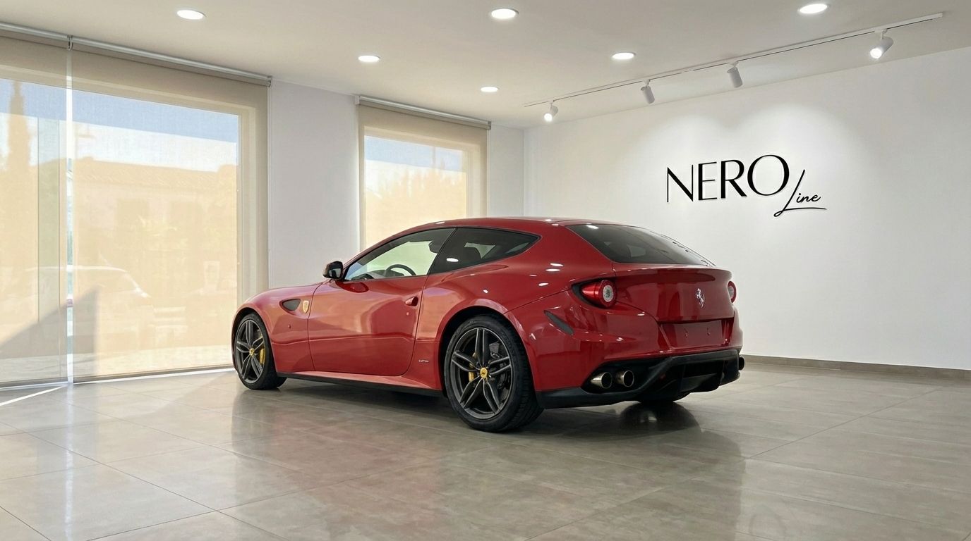 A racing red 2016 Ferrari FF is showcased from a rear three-quarter angle in a modern showroom in Valencia.