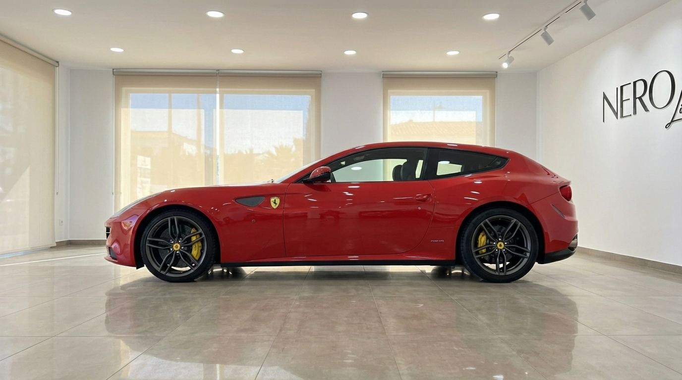 A racing red 2016 Ferrari FF luxury car is displayed in a showroom, showcasing its elegant side profile in Valencia.