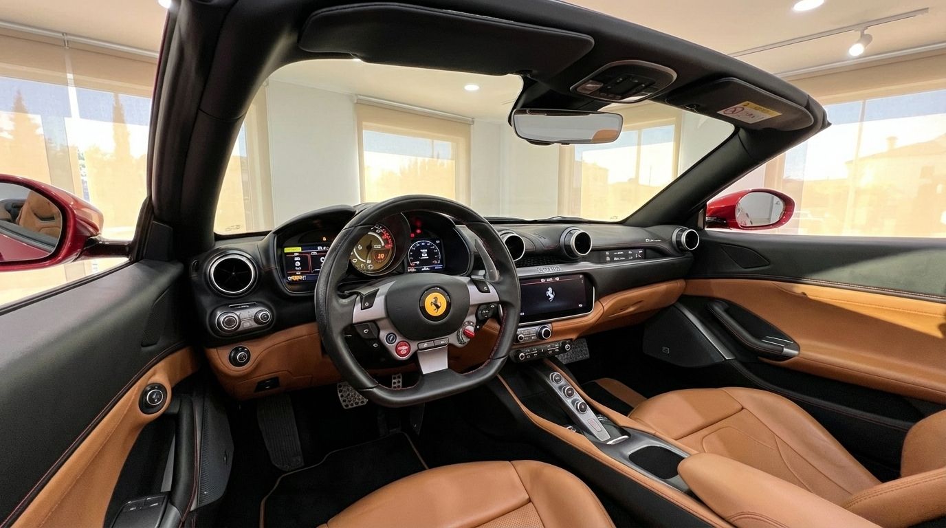 The luxurious interior of the Ferrari Portofino in Marbella, featuring the steering wheel, dashboard, and elegant tan leather seats.