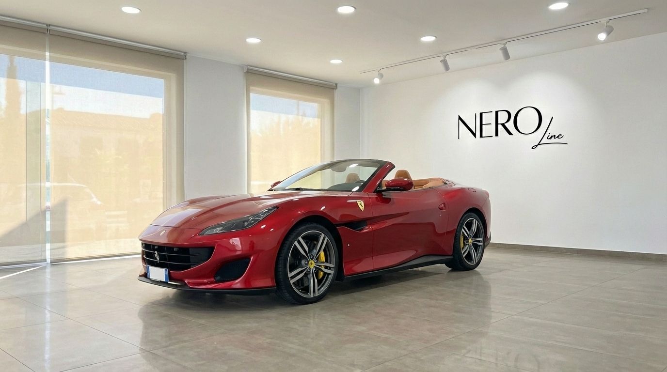 The burgundy red Ferrari Portofino convertible, with its top down and elegant tan interior, is showcased in a bright Marbella showroom.