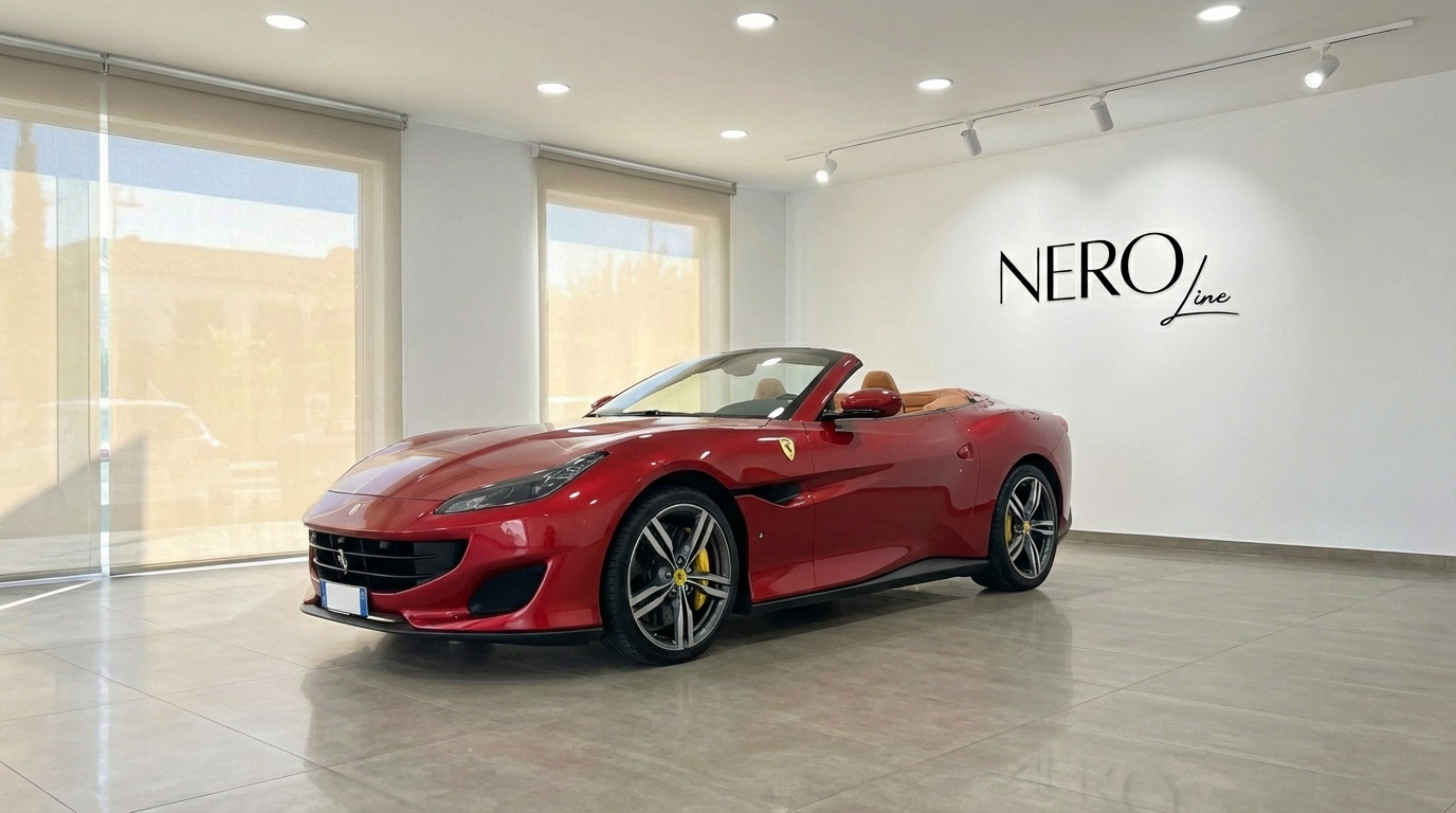 Ferrari Portofino — Convertible in Marbella showroom The burgundy red Ferrari Portofino convertible, with its top down and elegant tan interior, is showcased in a bright Marbella showroom.