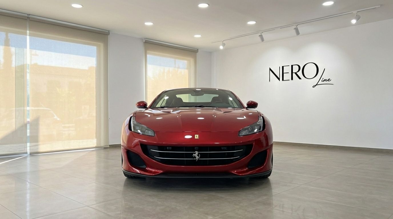 Front view of the burgundy red 2022 Ferrari Portofino convertible in a modern showroom in Marbella.