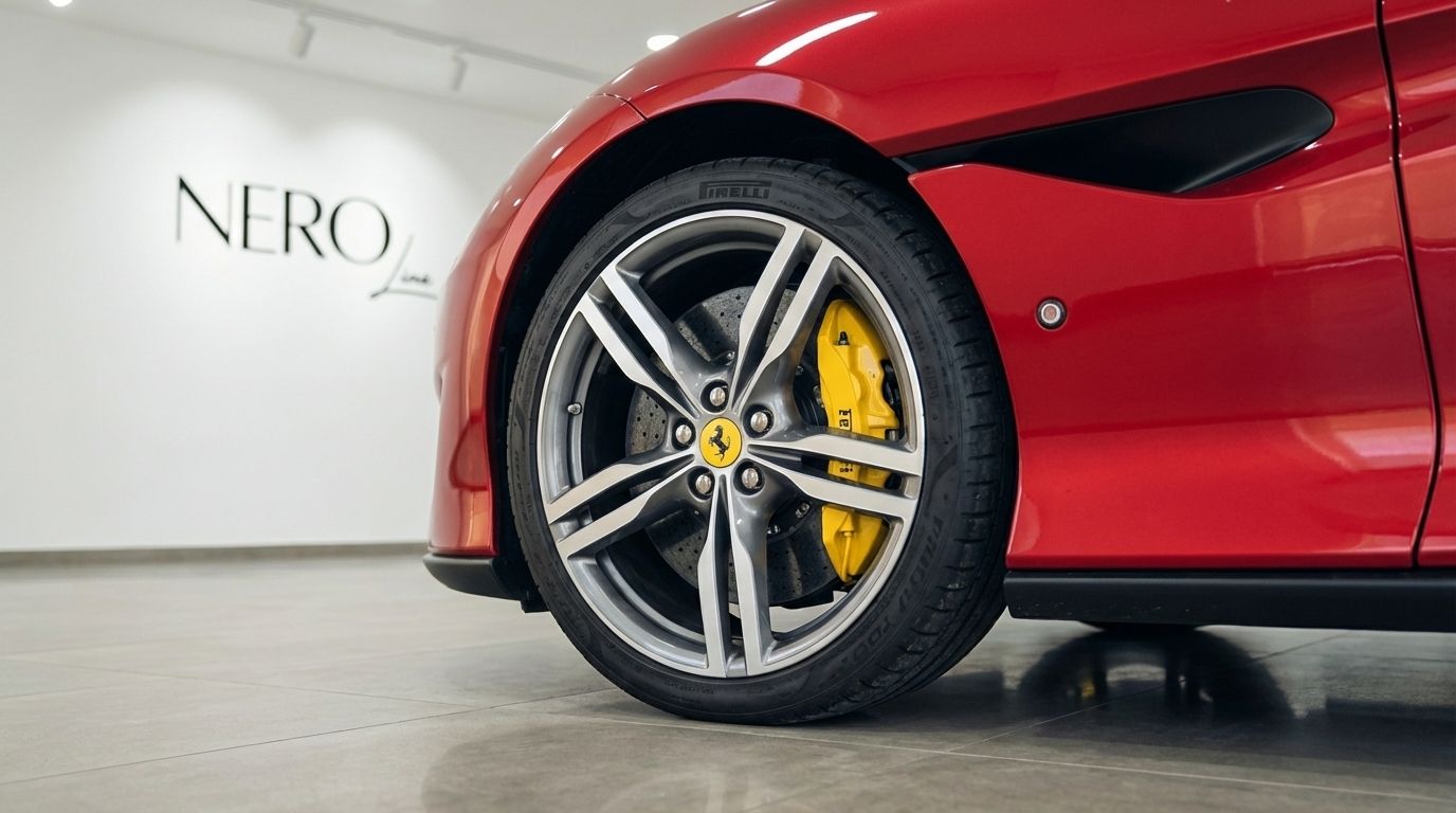 The front wheel with grey multi-spoke rims and yellow brake calipers on the burgundy red Ferrari Portofino in Marbella.