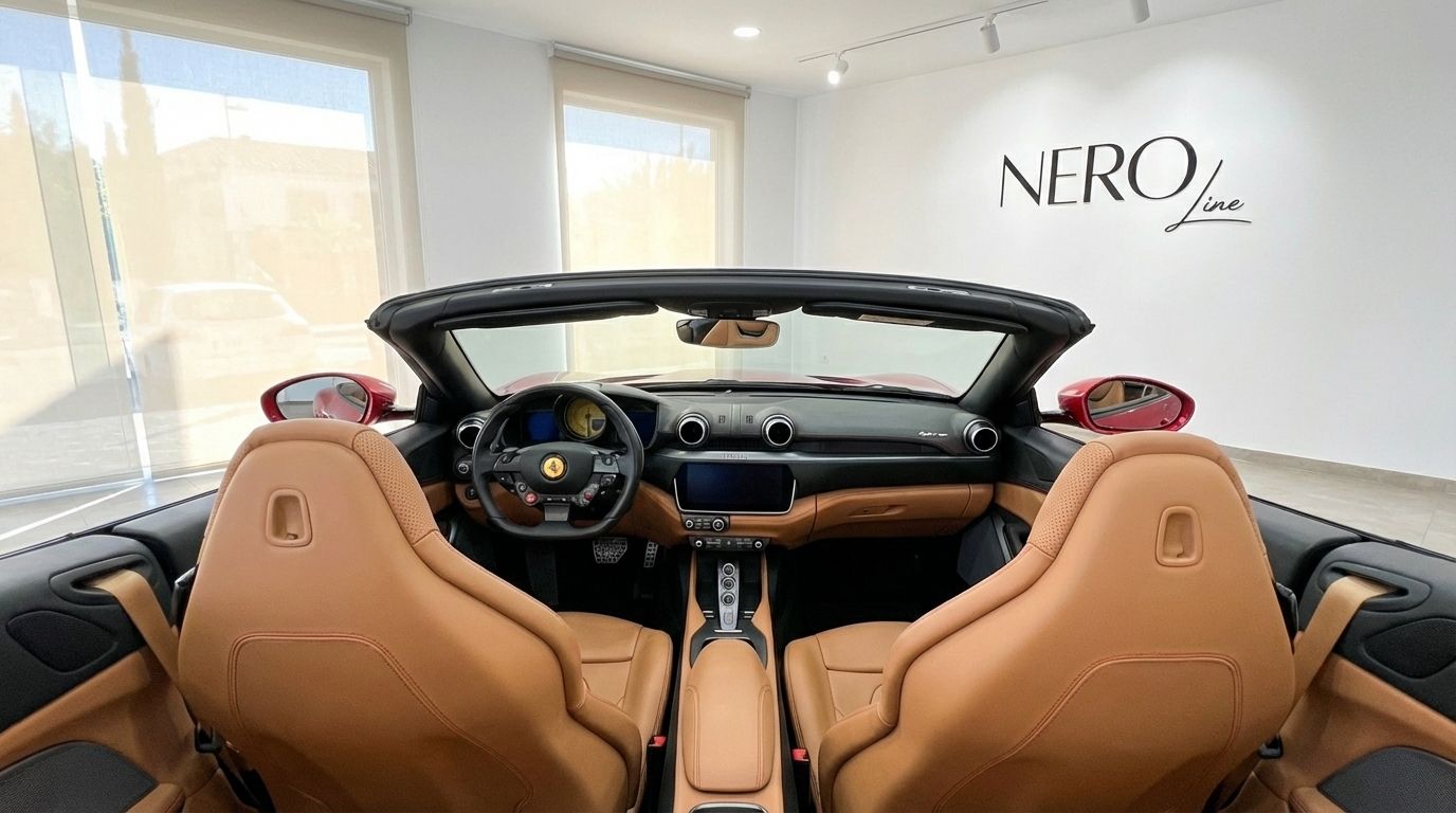 The luxurious interior cockpit of the Ferrari Portofino in Marbella, featuring elegant tan leather seats and a detailed dashboard.
