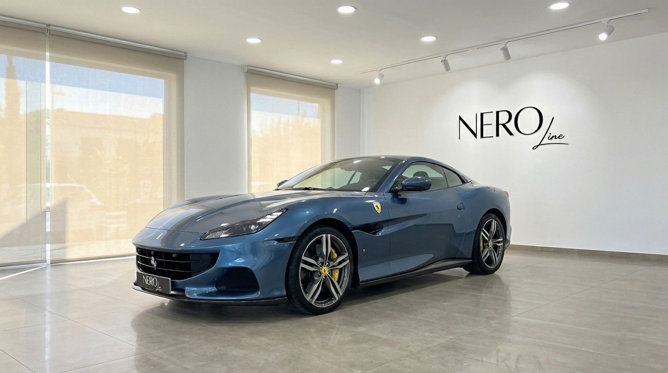 The metallic Blu Roma 2022 Ferrari Portofino M is showcased in a front three-quarter view inside a showroom in Mallorca.