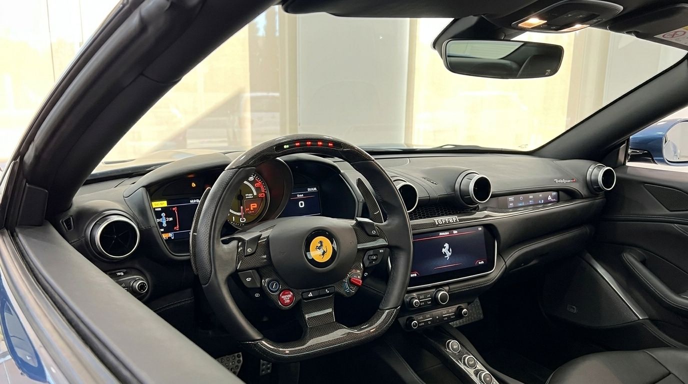 The luxurious interior of the 2022 Ferrari Portofino M in Mallorca, showcasing its advanced steering wheel and dashboard.