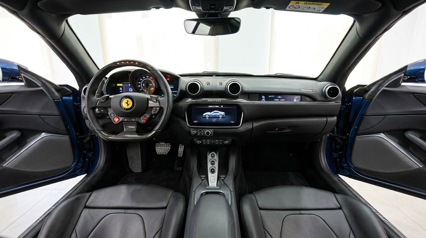 The luxurious cockpit of the 2022 Ferrari Portofino M in Mallorca, featuring its dashboard, steering wheel, and black leather seats.