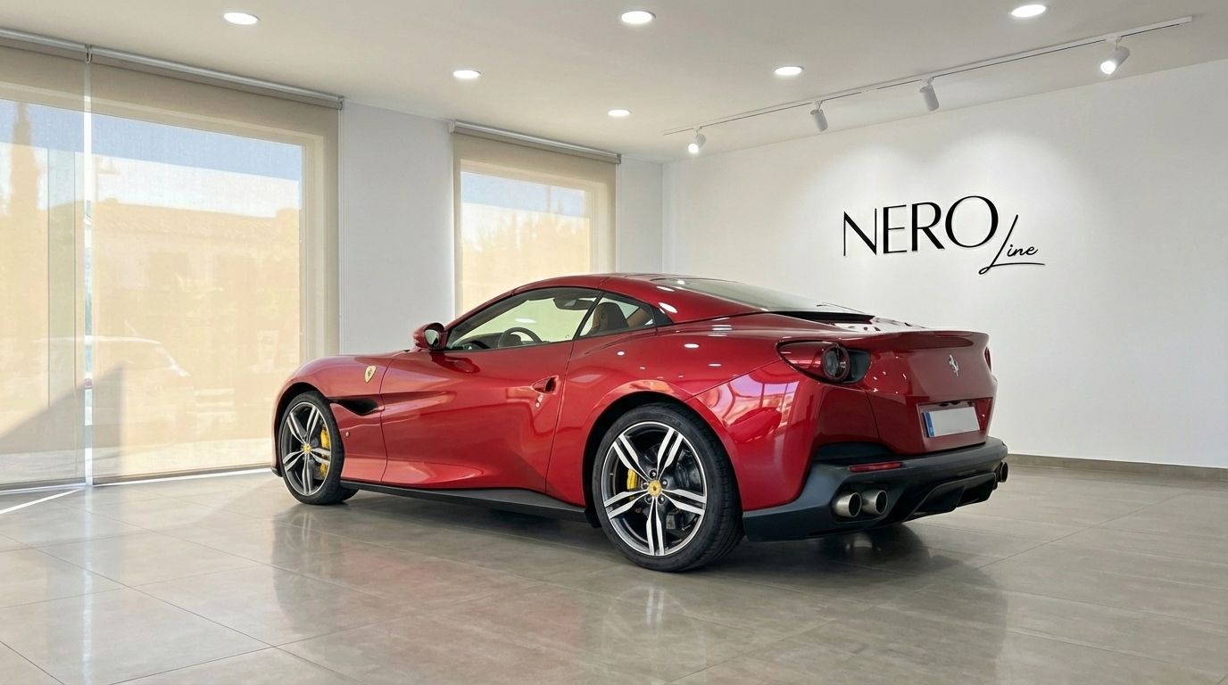 The burgundy red Ferrari Portofino is parked indoors, showcasing its sleek rear three-quarter view within a Marbella showroom.