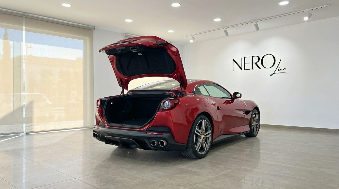 The burgundy red Ferrari Portofino is shown from the rear with its trunk open, parked in a luxury showroom in Marbella.