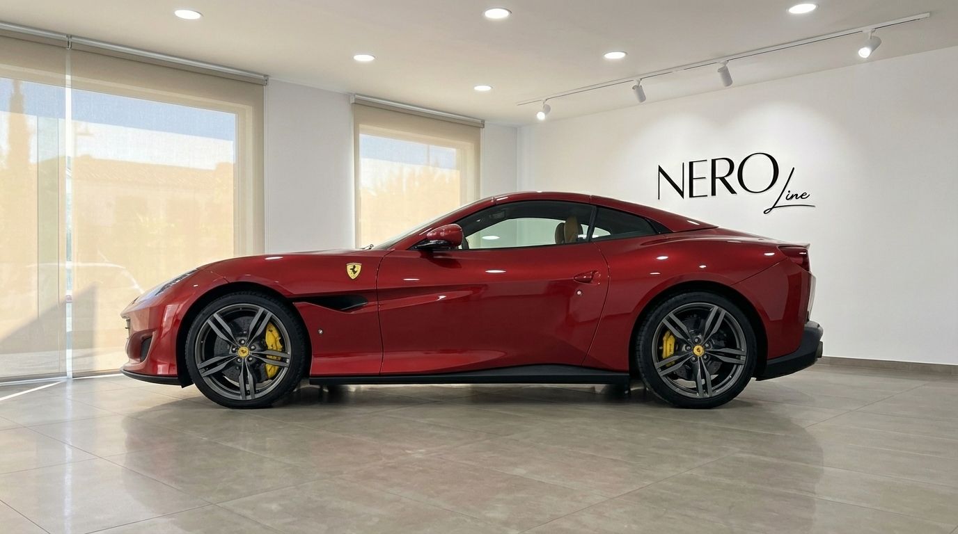 The burgundy red Ferrari Portofino is shown in a sleek side profile view within a modern showroom in Marbella.