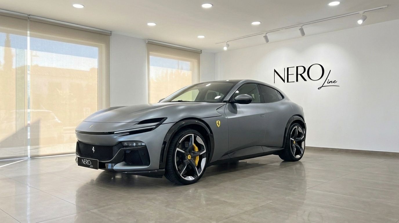 The matte grey Ferrari Purosangue is showcased from a front three-quarter angle in a bright showroom in Ibiza.