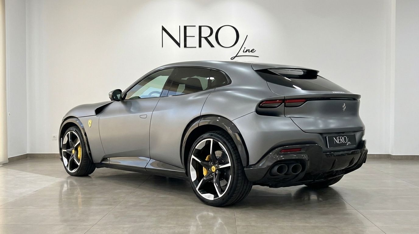 El Ferrari Purosangue gris mate se muestra desde un ángulo trasero tres cuartos en un concesionario en Ibiza.