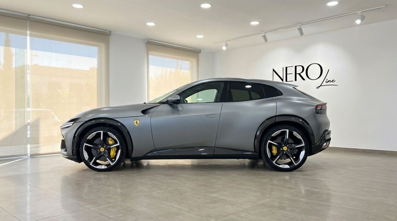El Ferrari Purosangue gris mate se exhibe en un concesionario, destacando su elegante perfil lateral y pinzas de freno amarillas en Ibiza.