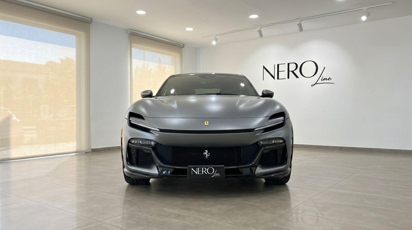El Ferrari Purosangue en gris mate se exhibe desde una vista frontal directa dentro de la sala de exposición Nero Line en Ibiza.