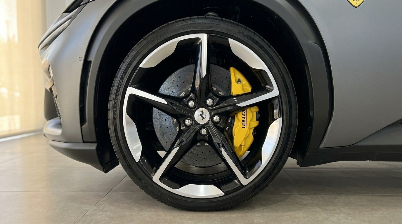 Primer plano de la rueda delantera del Ferrari Purosangue con llantas negras y plateadas y distintiva pinza de freno amarilla en Ibiza.