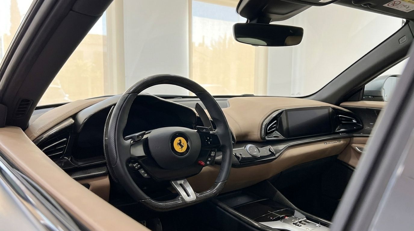 El lujoso habitáculo interior del Ferrari Purosangue en Ibiza, con volante multifunción y salpicadero de cuero color tostado.