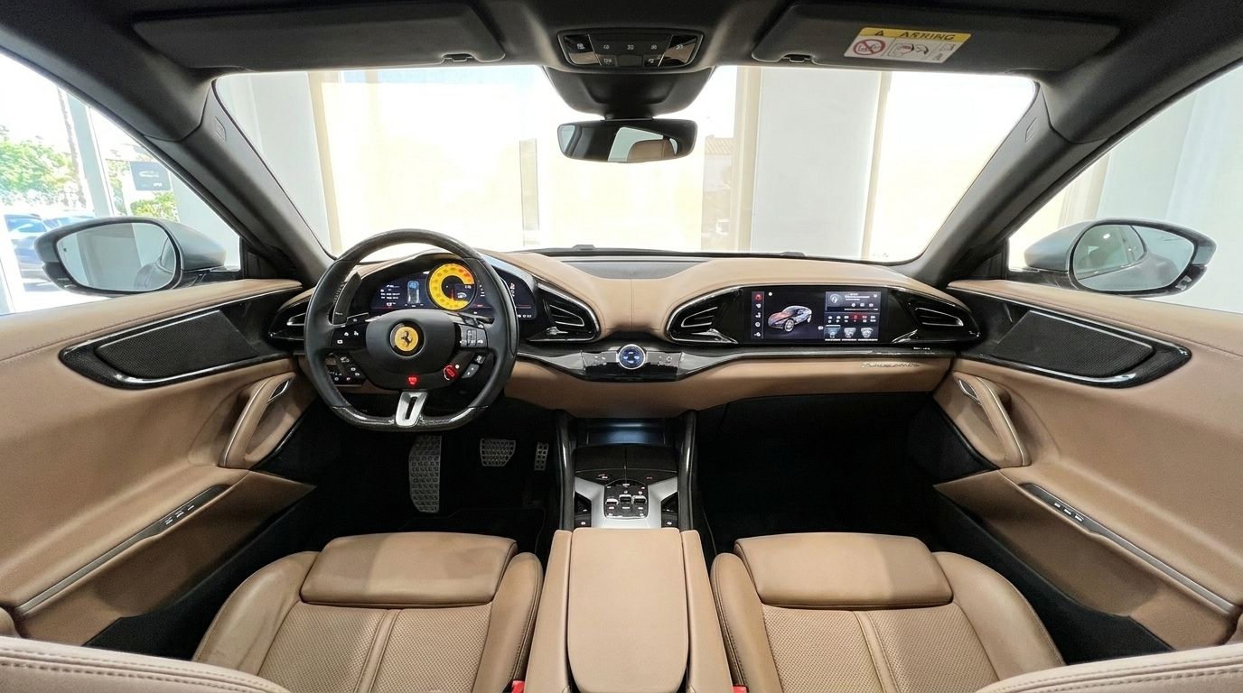 El lujoso interior del Ferrari Purosangue en Ibiza, mostrando su elegante salpicadero, volante y asientos delanteros de cuero marrón.