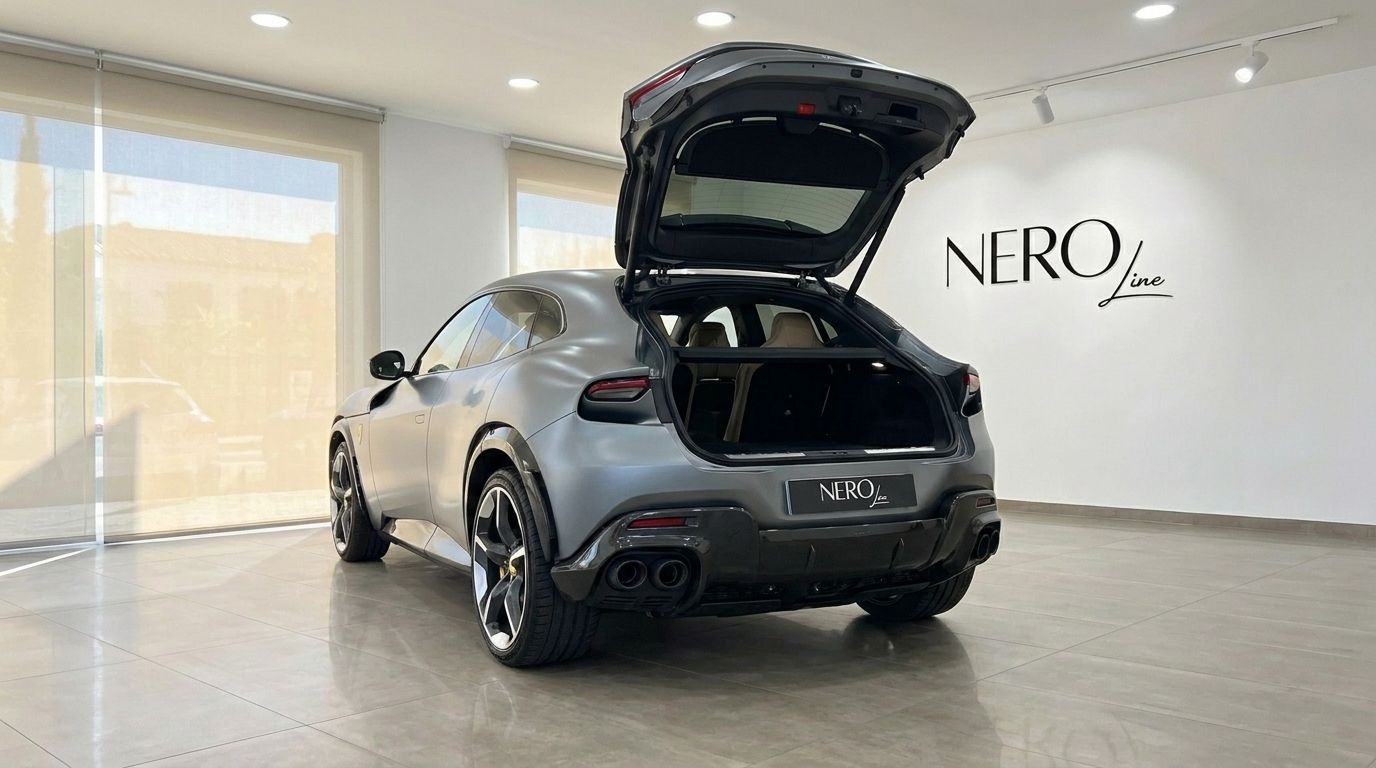 El Ferrari Purosangue 2023 en gris mate se muestra desde la parte trasera con el maletero abierto, estacionado en un concesionario en Ibiza.