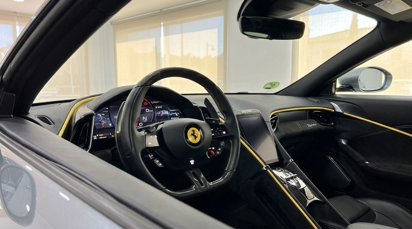 El lujoso habitáculo del Ferrari Roma 2022 en Madrid, mostrando el volante, la pantalla digital y los acentos amarillos.
