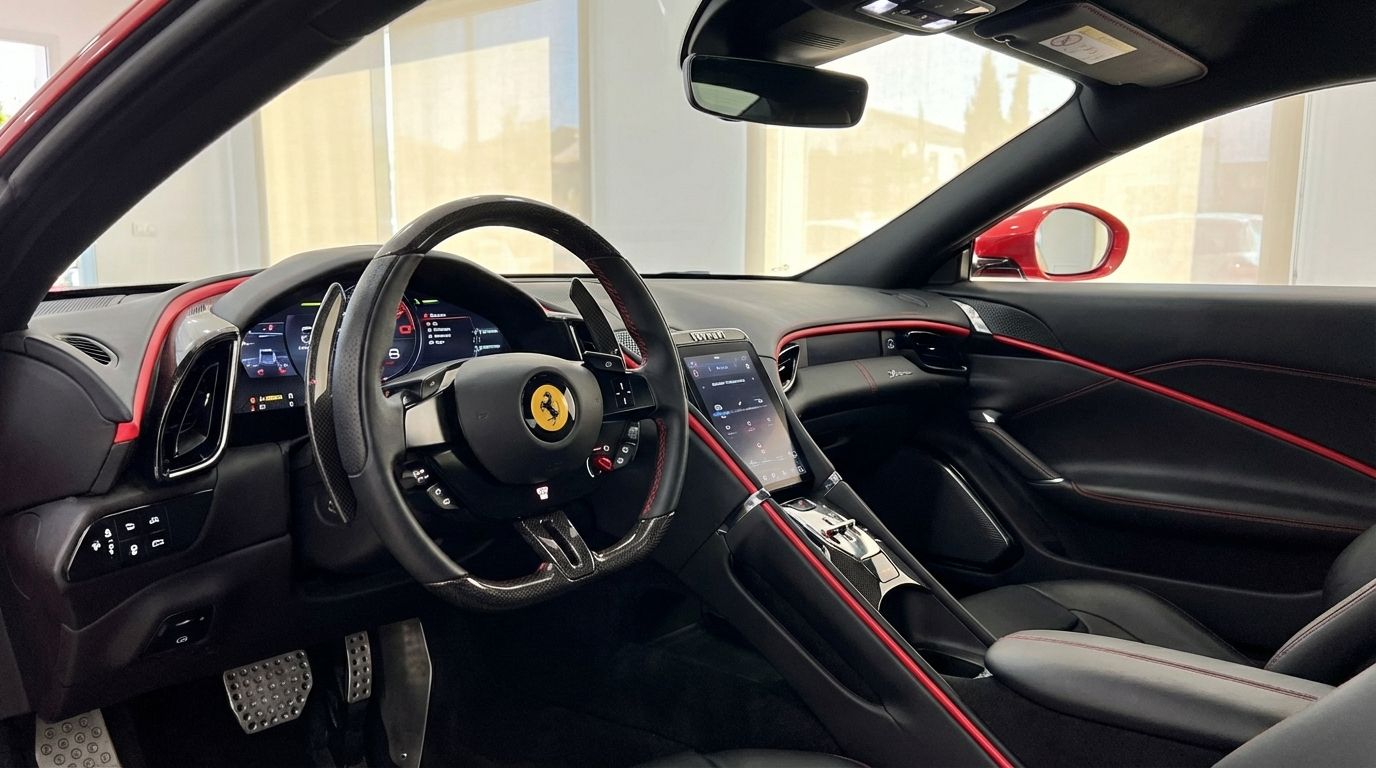 The luxurious Ferrari Roma cockpit in Valencia, featuring the steering wheel, digital dashboard, central touchscreen, and elegant red interior accents.