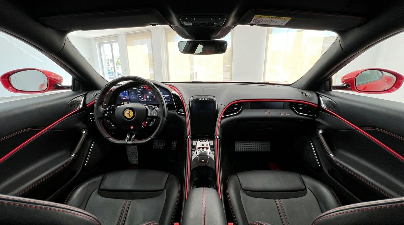 The Ferrari Roma's luxurious cockpit interior features black leather seats with red stitching, a digital dashboard, and a central touchscreen in Valencia.