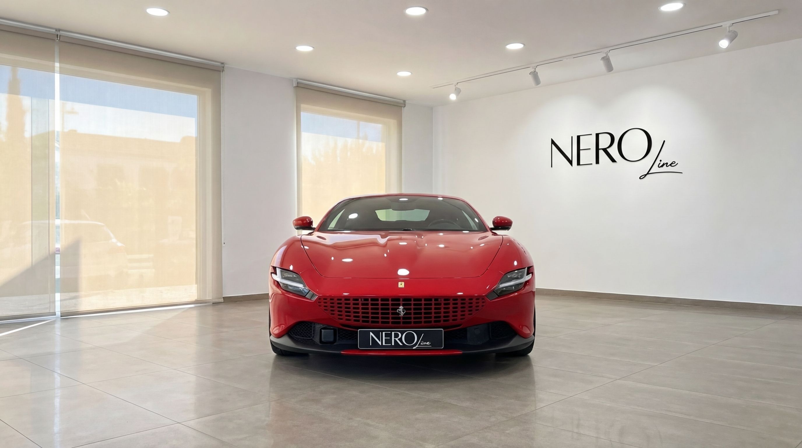 The racing red 2023 Ferrari Roma is prominently displayed in a showroom, captured from a direct front view in Barcelona.